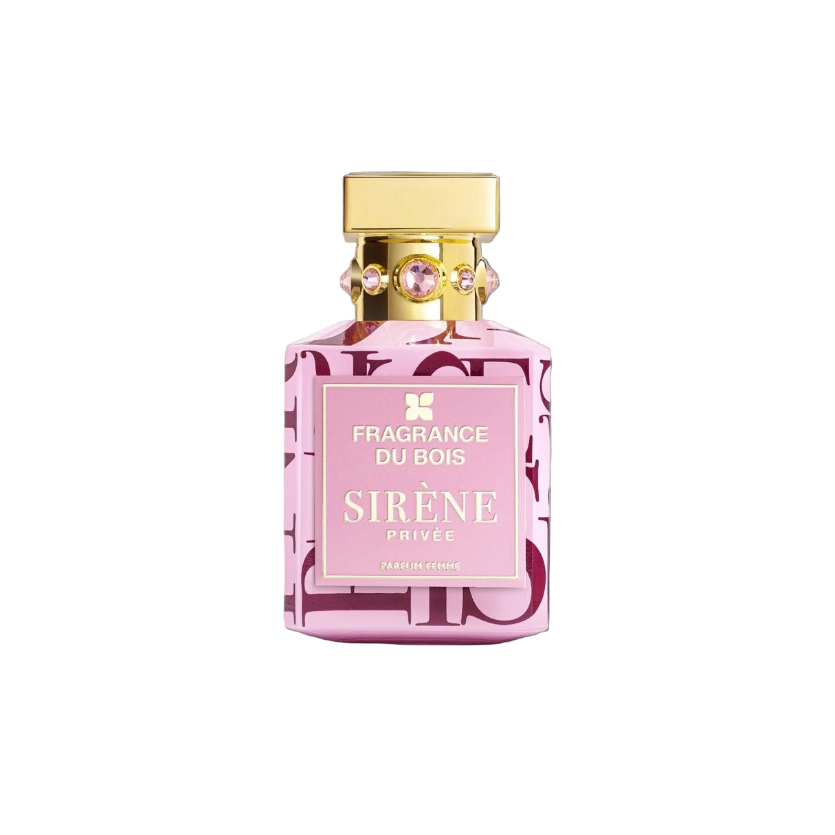 Pink perfume bottle with gold cap on a white background